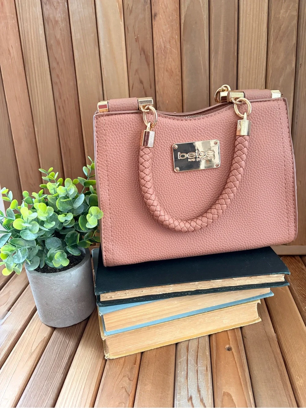 BEBE Blush Pink Mini Satchel, Braided Top Handles